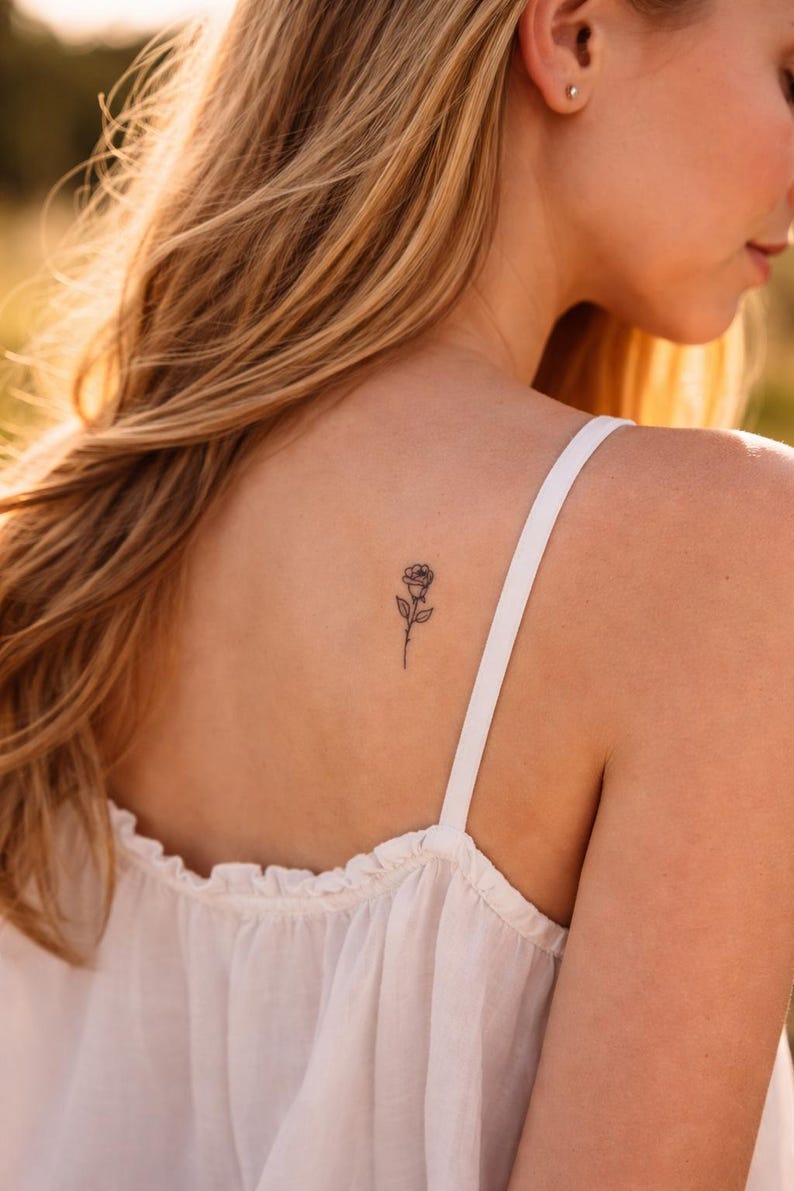 Minimalist Rose Temporary Tattoo – tiny floral line tattoo (set of 4) | delicate flower tattoo, fine line temporary tattoo image 6