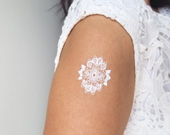 white mandala temporary tattoo, white ink mandala tattoo like white henna tattoo, hippie chic tattoo