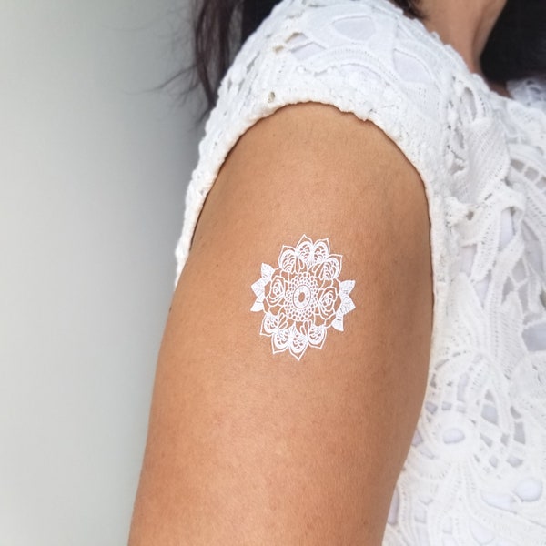 white mandala temporary tattoo, white ink mandala tattoo like white henna tattoo, hippie chic tattoo