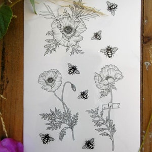 bees and poppies temporary tattoo(set of 10)