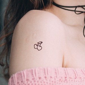 3 heart shaped cherries temporary tattoos /  cherry fake tattoo