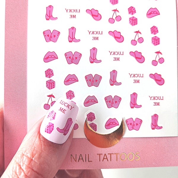 cowgirl style nail stickers, cowboy boots, cowboy hat, dice, cherry, mouth, game card in red and pink