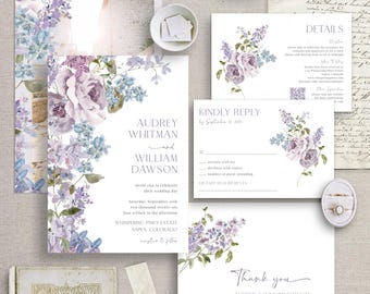 Lilac Flower Wedding Invitation Suite: Purple Floral Template (Digital Download)  015W