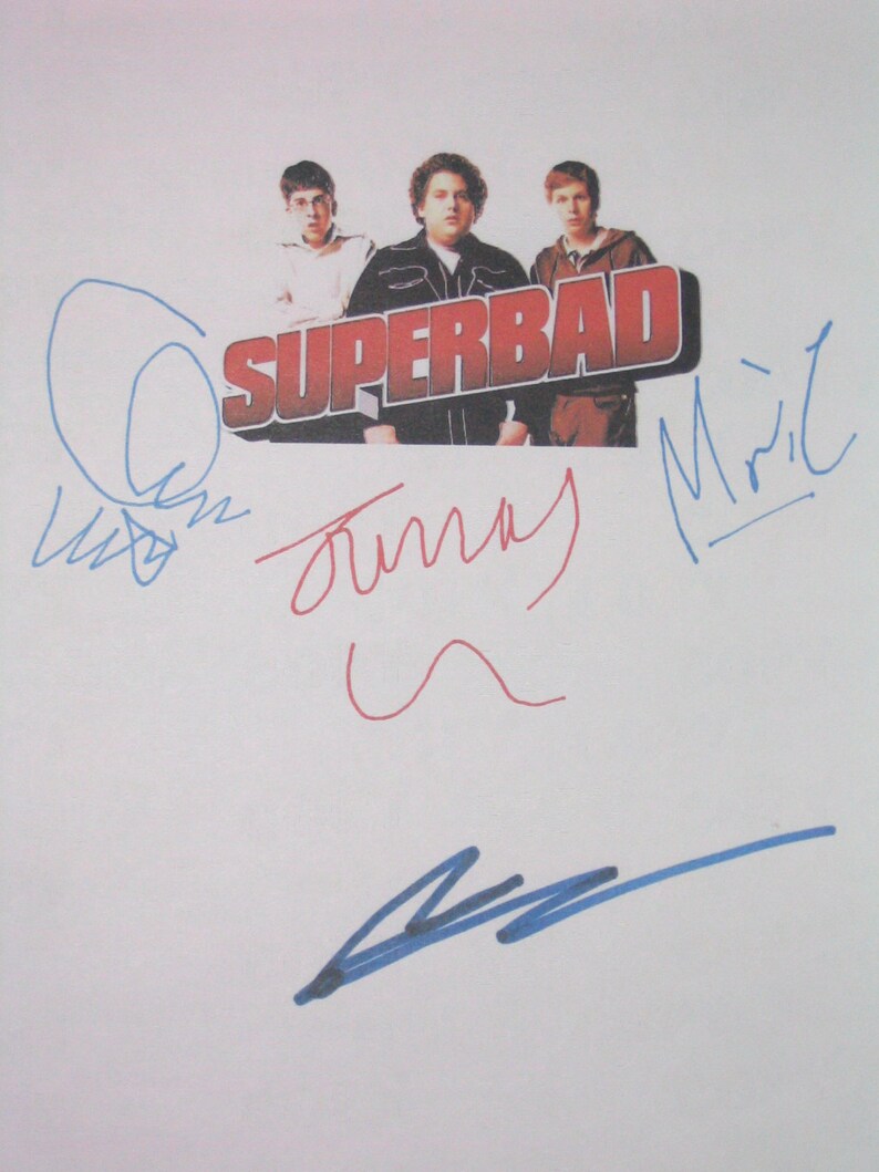 Superbad Signed Movie Film Script Screenplay Seth Rogen Jonah Hill Michael Cera Christopher Mintz Plasse Autograph Signature Funny Film - 