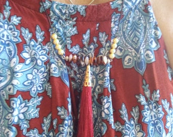 Collar con borlas en capas, ágata con bandas y perla de Swarovski, estilo bohemio gitano