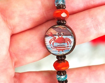 Pulsera del signo zodiacal Cáncer, cangrejo de cerámica, cuentas de vidrio checo, joyería con temática oceánica