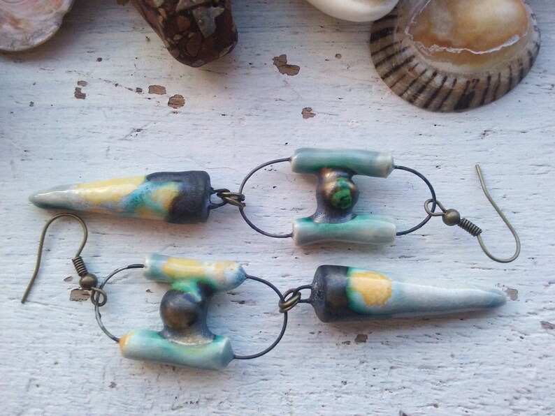 Australian Seller BlueGreen Yellow Handmade Boho Tropical Tribal Earrings Polynesian Lagoon~Funky Long Modern Style Ceramic Earrings