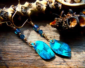 Long Shattuckite Malachite Gemstone Earrings: Mystic Gypsy Clairvoyancy Stone Beaded Earrings, Green/Blue/Gold Earrings, Australian Seller.