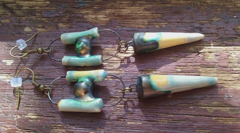 Australian Seller BlueGreen Yellow Handmade Boho Tropical Tribal Earrings Polynesian Lagoon~Funky Long Modern Style Ceramic Earrings
