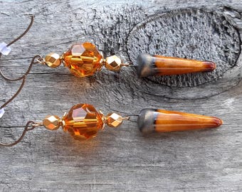 Leonie ~ Handmade Ceramic Spike Earrings: Leo Gift for Her. Swarovski Crystal, Topaz Bronze