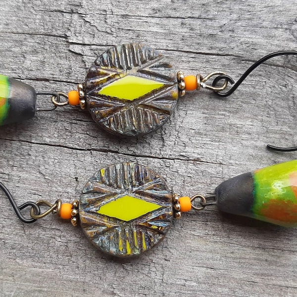 Citrus Splash OOAK Earrings, Funky Fun Neon Lime Green Yellow and Orange Rustic Tribal Boho Earrings, Green Earrings, Australian Seller Shop