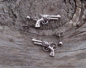 Single Silver Pistol/Gun Unisex Stud Earring, 2 Available. Gangster Punk Rap Cowboy Jewelry. Gift for Him.