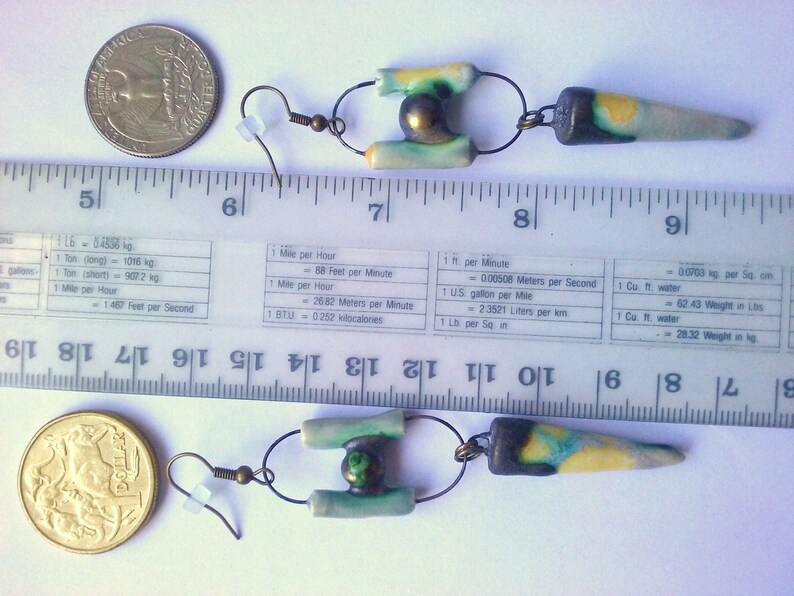 Australian Seller BlueGreen Yellow Handmade Boho Tropical Tribal Earrings Polynesian Lagoon~Funky Long Modern Style Ceramic Earrings