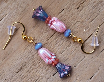 Pink and Blue Short Feminine Flower/Floral Earrings. Czech Glass Tulip/Lily Stainless-Steel Hooks. Mother/Nan/Aunt/Daughter/Sister/Gift.