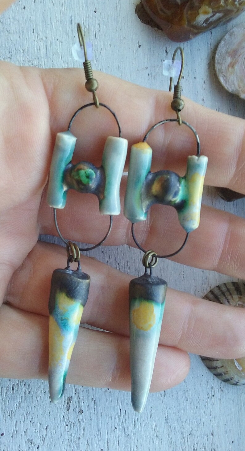 Australian Seller BlueGreen Yellow Handmade Boho Tropical Tribal Earrings Polynesian Lagoon~Funky Long Modern Style Ceramic Earrings