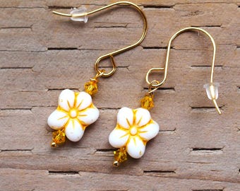 Frangipani Plumeria Earrings. Minimalist Beach Style Hawaiian Flower Earrings. Swarovski Crystal, Gold Stainless-Steel Hooks, Czech Glass.