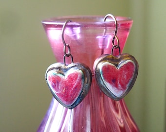 Short Pink Sweetheart Earrings. Handmade Artisan Ceramic Bronze, Pink, Purple, Heart Dangle Earrings, Australian Seller.