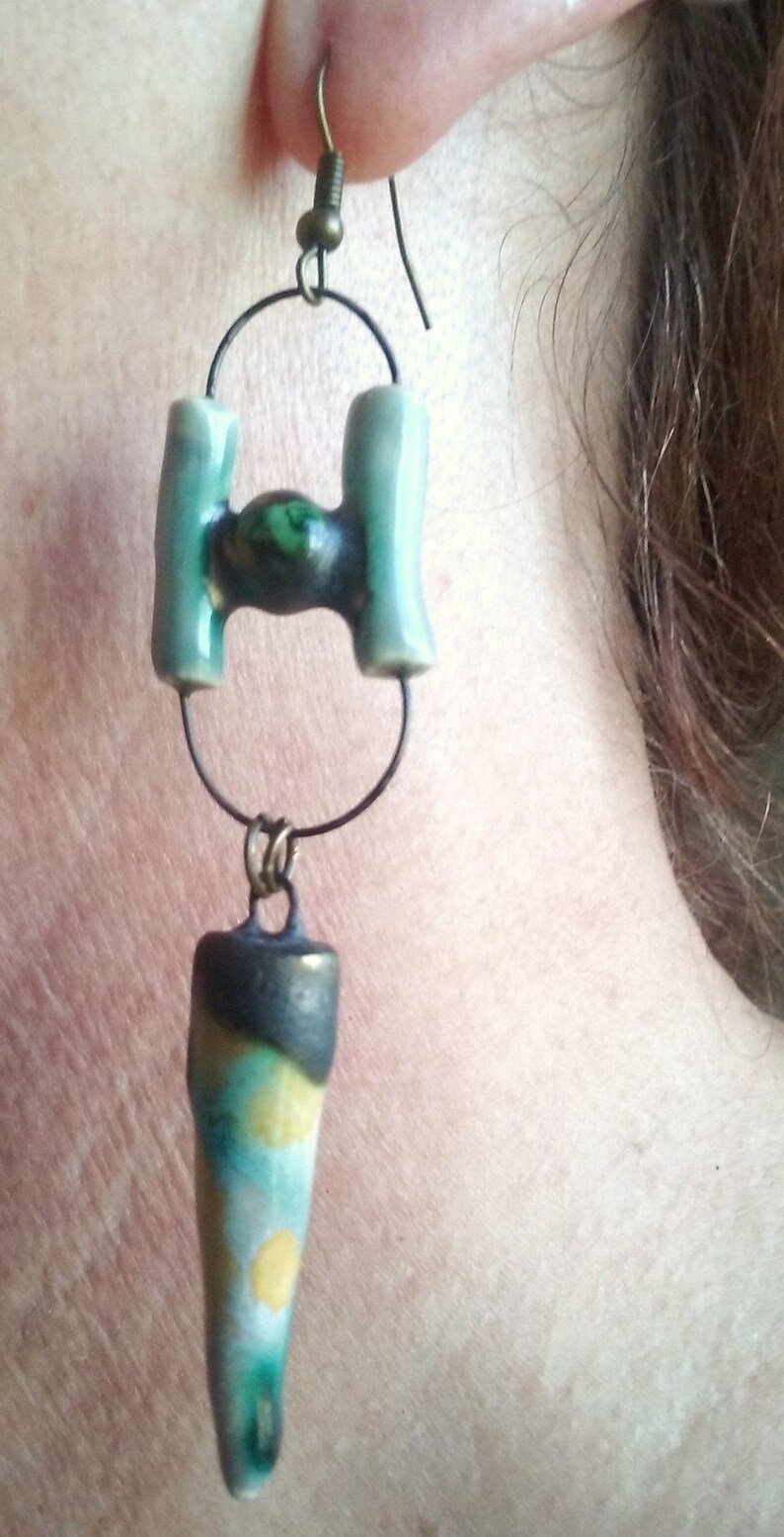 Australian Seller BlueGreen Yellow Handmade Boho Tropical Tribal Earrings Polynesian Lagoon~Funky Long Modern Style Ceramic Earrings
