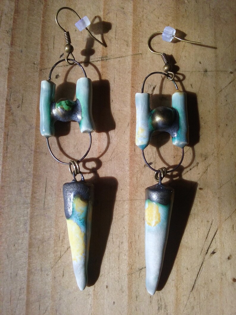 Australian Seller BlueGreen Yellow Handmade Boho Tropical Tribal Earrings Polynesian Lagoon~Funky Long Modern Style Ceramic Earrings