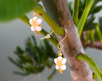 Frangipani Plumeria Earrings. Minimalist Beach Style Hawaiian Flower Earrings. Swarovski Crystal, Gold Stainless-Steel Hooks, Czech Glass.