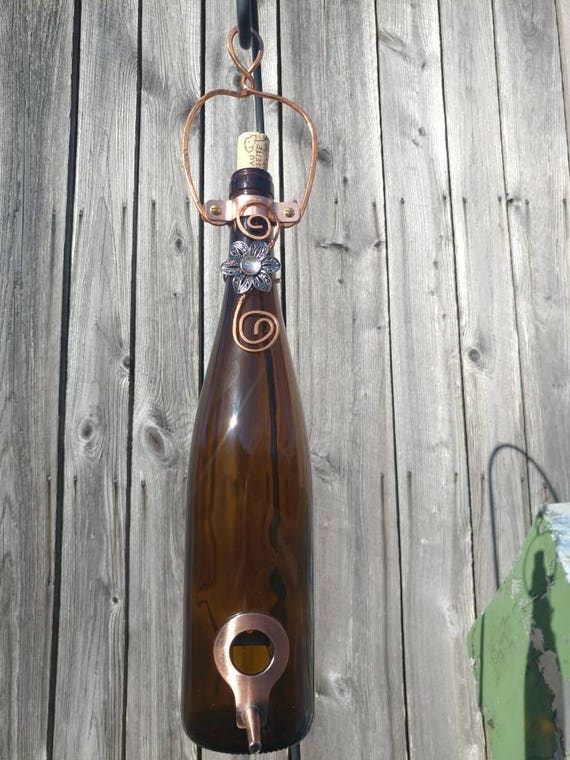Wine Bottle Bird Feeder Dark Amber And Flower Charm Hammered Etsy