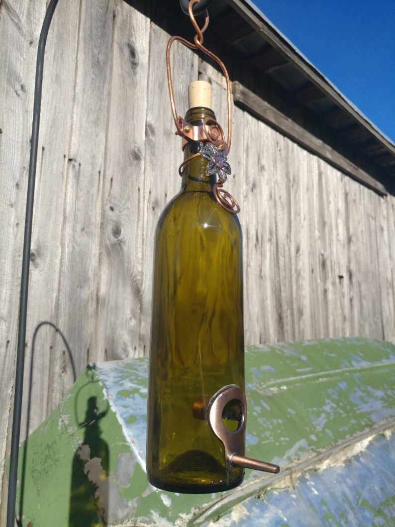 Wine Bottle Bird Feeder Antique Green And Flower Charm Etsy
