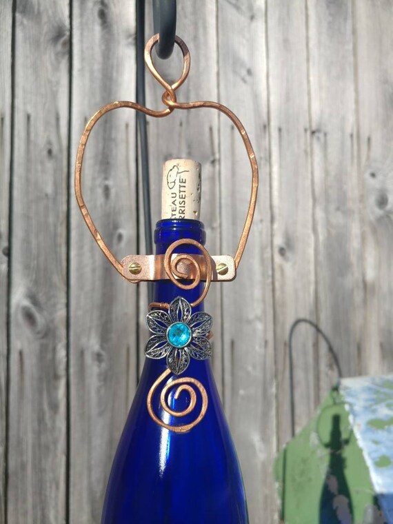 Wine Bottle Bird Feeder Cobalt Blue And Flower Charm Etsy