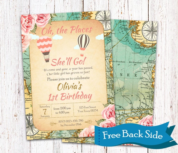 Travel Theme Girl First Birthday Party Invitation Vintage Etsy