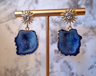 Sunburst Gold Blue Druzy Geode Earrings | Wedding Earrings | Something Blue | Unique Earrings | Celestial Earrings