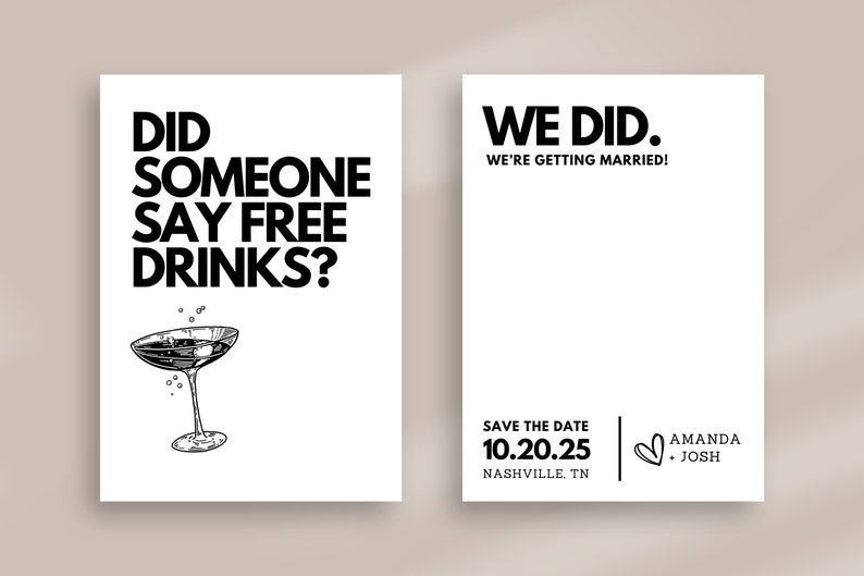 FREE DRINKS Save The Date Minimalist Modern Bold Save The Date Illustrated Printed Save the Date PDF image 2