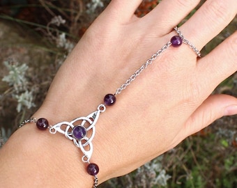 Amethyst Celtic triquetra hand bracelet, silver knot and purple fine stone, ring jewelry for medieval elven wedding, esoteric