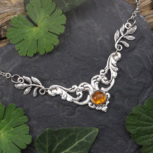 Collier elfique Art Nouveau Ambre, bijou feuilles entrelacs argenté, pendentif magie ésotérique, mariage médiéval féerique, plastron orange