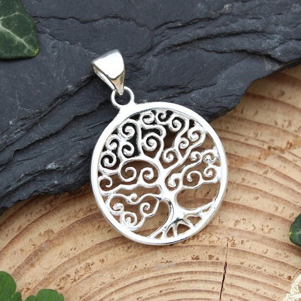 Pendentif Arbre de Vie en argent 925, bijou Yggdrasil, mariage médiéval féerique, pendentif nature feuille elfique, collier japonais volutes