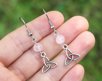 Celtic Triquetra Rose Quartz earrings, silver knot interlacing, fairy medieval jewel, elven, esoteric magic, pagan wicca