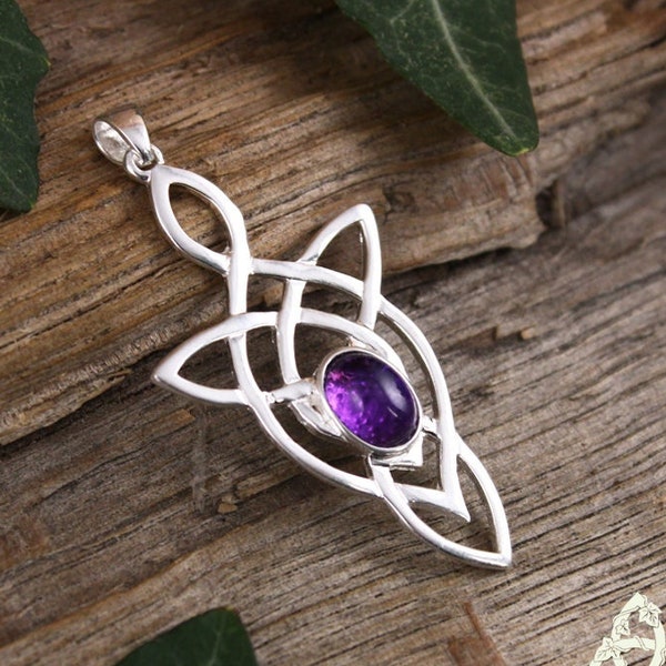 Pendentif elfique Améthyste Argent massif, entrelacs noeud celtique, médiéval féerique magie, païen wicca ésotérisme gothique, gemme violet