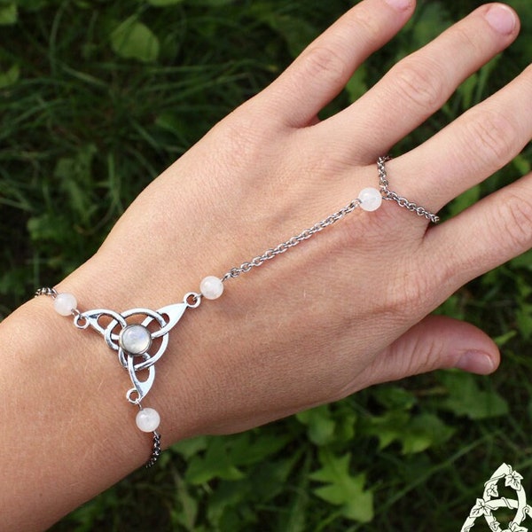 Bracelet de main celtique Péristérite, triquetra noeud argenté, bijou bague elfique, mariage médiéval, pierre lune arc-en-ciel reflet, magie