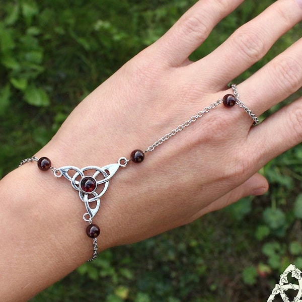 Celtic Garnet Triquetra hand bracelet, elven interlacing knot, red silver, slave bracelet, medieval pagan Wicca magic, gothic