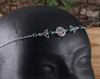 Tiare médiévale elfique volutes et Malachite, diadème vert et argenté, bijou de front noeud celtique triquetra, bijou ésotérique wicca magie