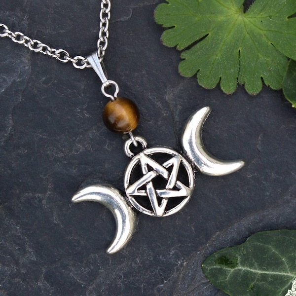 Collier Sorcière Triple Lune et Pentacle, bijou argenté Œil de Tigre brun, pendentif ésotérique, pentagramme wicca païen, magie gothique