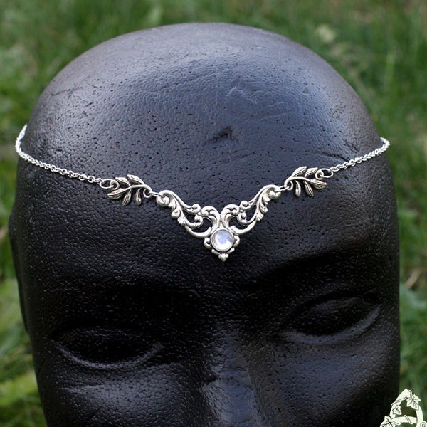 Peristerite Victorian elven tiara, fairy wedding hairstyle, silver interlacing leaf forehead jewel, moonstone, pagan wicca magic