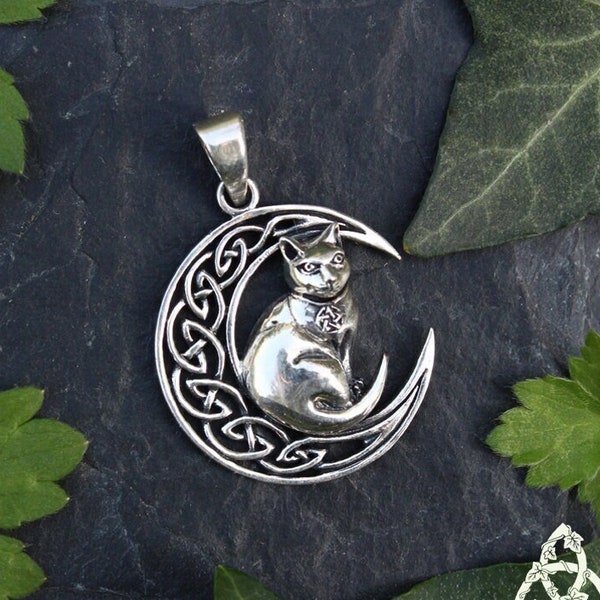 Pendentif ésotérique Lune et Chat en argent, bijou mariage médiéval féerique, collier Sorcière wicca magie païenne, noeud celtique gothique