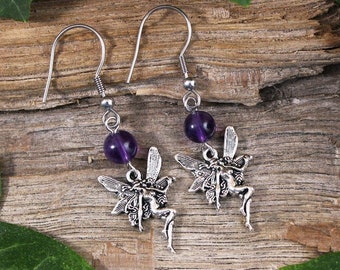 Boucles d'oreilles Fées Améthyste, bijou elfique féerique, argenté violet, magie païen wicca, ésotérisme, médiéval gothique, cadeau bohème