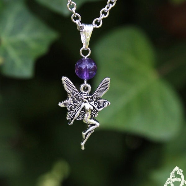 Collier petite Fée Améthyste, bijou elfique féerique argenté violet, magie païen wicca ésotérique, pendentif médiéval gothique, cadeau ange