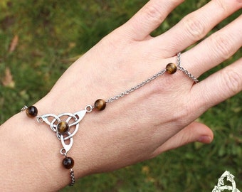 Bracelet de main celtique Oeil de Tigre, triquetra noeud argenté et brun, bijou bague elfique, mariage médiéval, cosplay, magie ésotérique