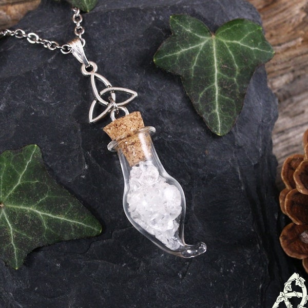 Collier féerique fiole Cristal de Roche, pendentif magique, bijou noeud celtique pierre naturelle blanc argenté, pendule ésotérique sorcière