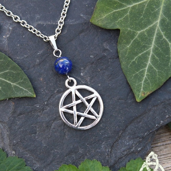 Esoteric necklace Pentacle Witch Lapis Lazuli, midnight blue silver pentagram jewel, medieval Gothic, Wicca pagan magic pendant