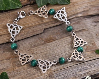 Bracelet celtique Triquetra Malachite, entrelacs noeud médiéval, argenté vert foncé, féerique gothique, magie païen wicca, femme viking elfe