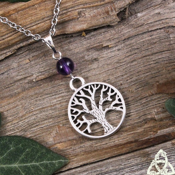 Collier Arbre de Vie Améthyste, bijou Yggdrasil elfique celtique, violet argenté, pendentif médiéval féerique, magie wicca, nature gothique