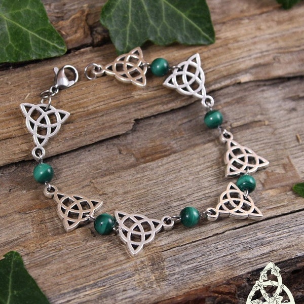 Celtic bracelet Triquetra Malachite, interlacing medieval knot, dark green silver, gothic fairyland, pagan Wicca magic, elf Viking woman
