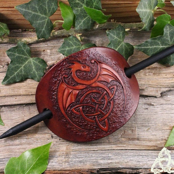 Barrette en cuir Dragon celtique brun, entrelacs Triquetra, coiffure médiévale elfique féerique, symbole païen wicca, magie sorcière viking